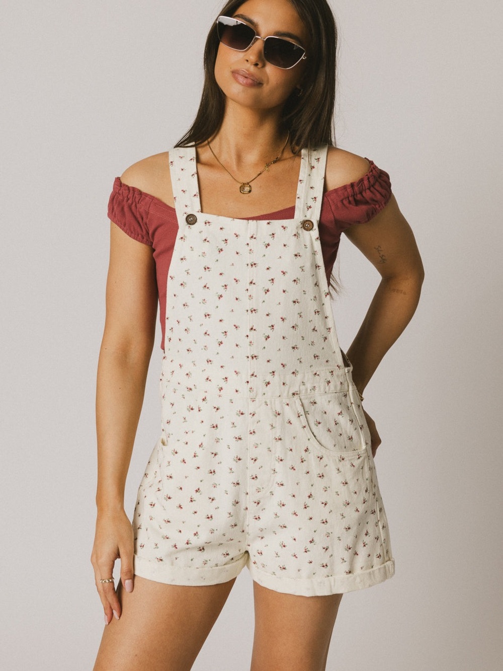 Floral Cream Short Overalls
